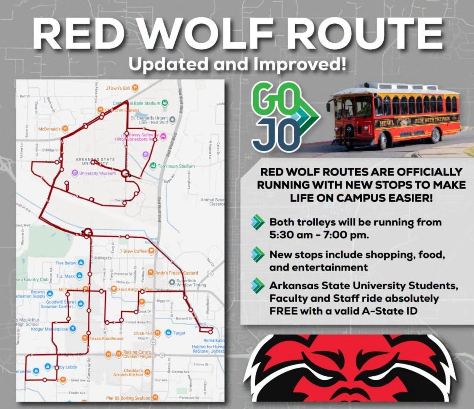 Map of the GOJO Red Wolf Route with the red trolley and service hours from 5:30 am to 7:00 pm