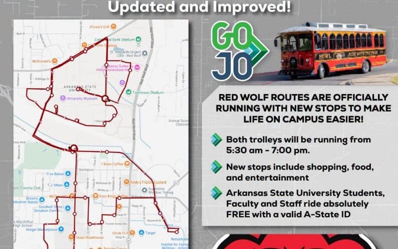 Map of the GOJO Red Wolf Route with the red trolley and service hours from 5:30 am to 7:00 pm