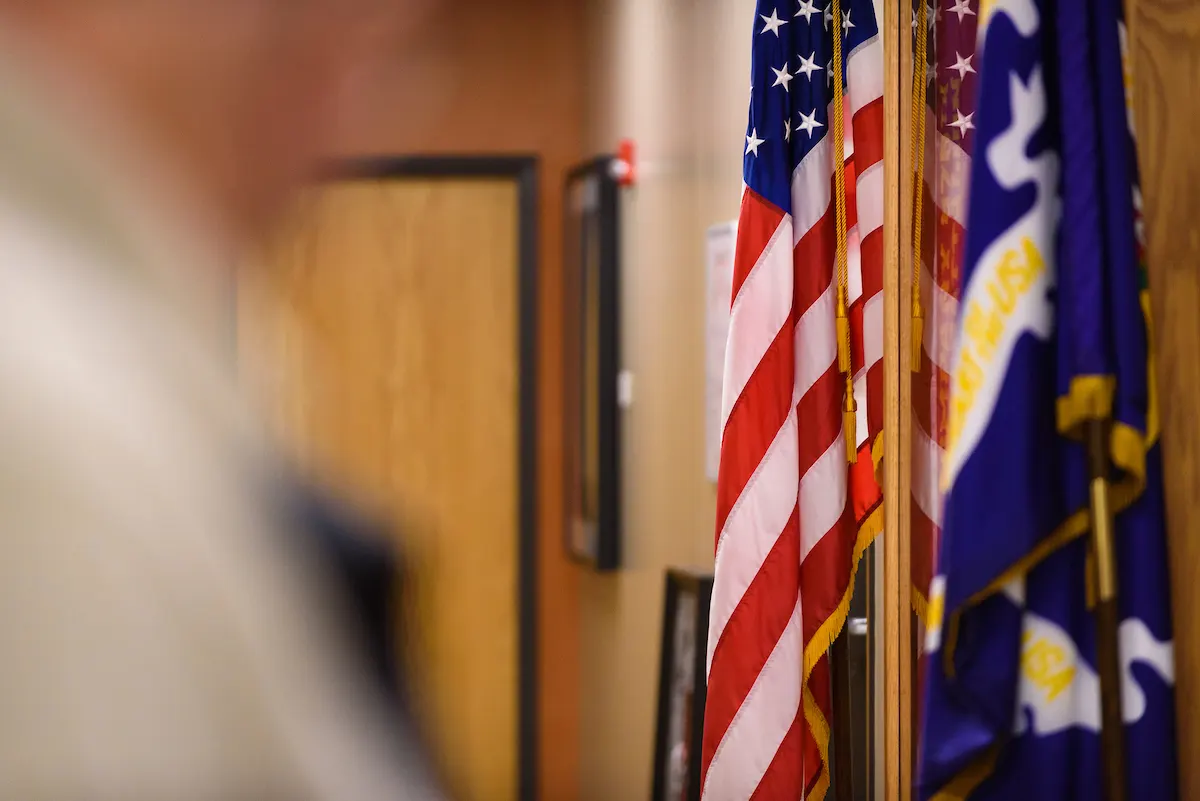 Close-up of an American flag in the hallway of the veterans center at A-State