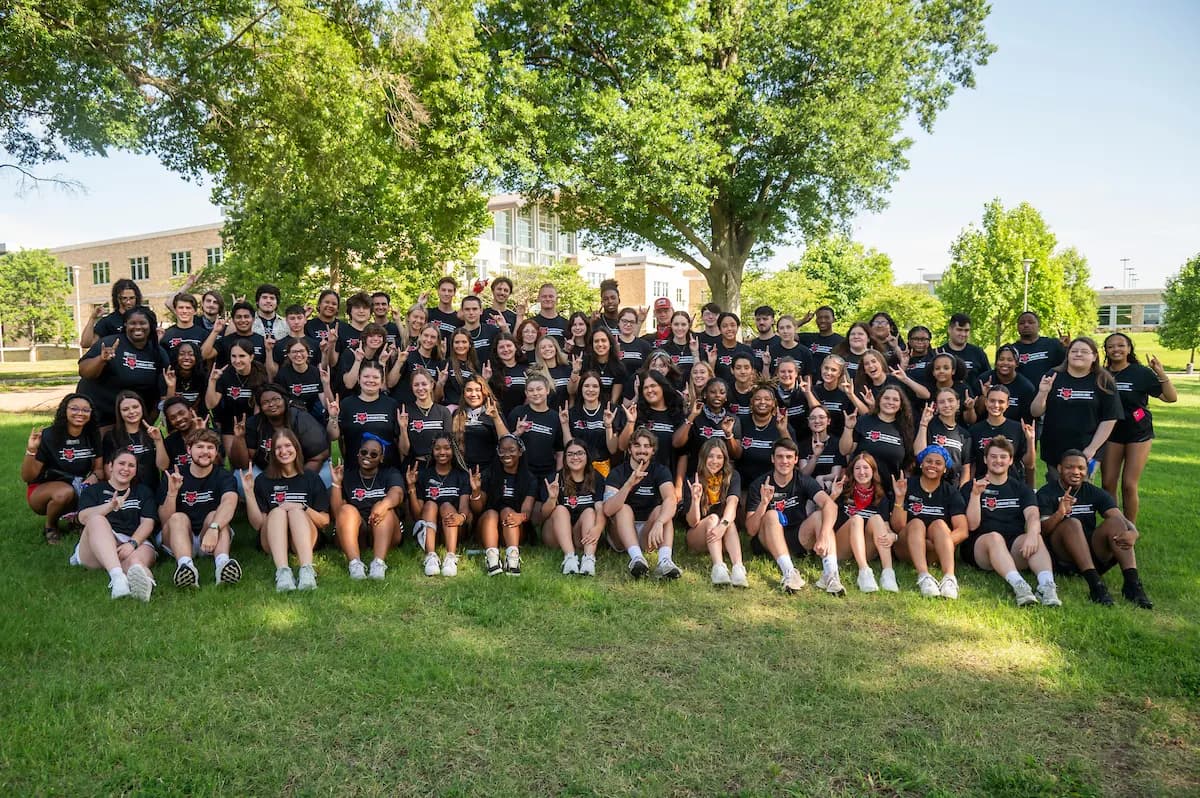 A group of A-State orientation leaders photographed together on campus