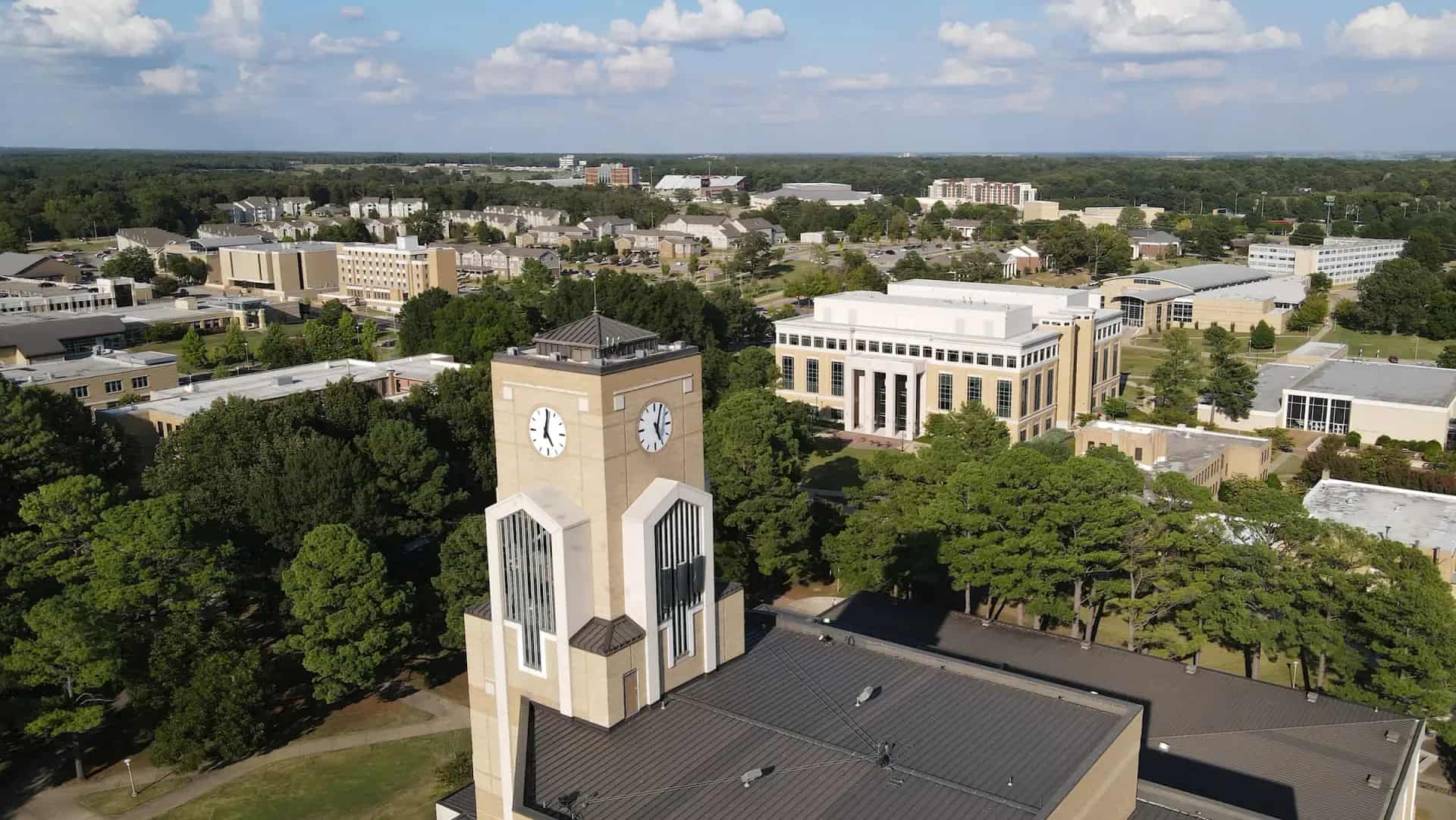 Aerial view of the A-State campus and clock tower