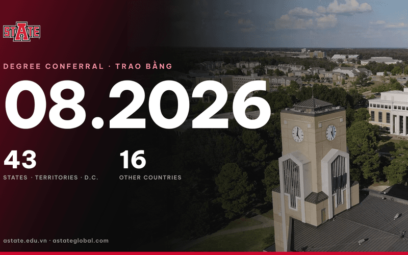 Arkansas State University’s August 2026 degree conferral: graduates from 43 states, territories and D.C. and 16 other countries, over the university clock tower